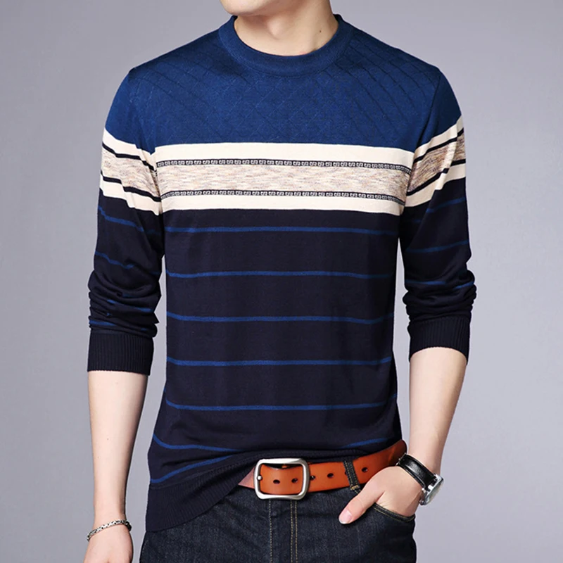 Men\'s Casual Striped Knit Spring and Autumn Long Sleeved Pullover Fashion Top