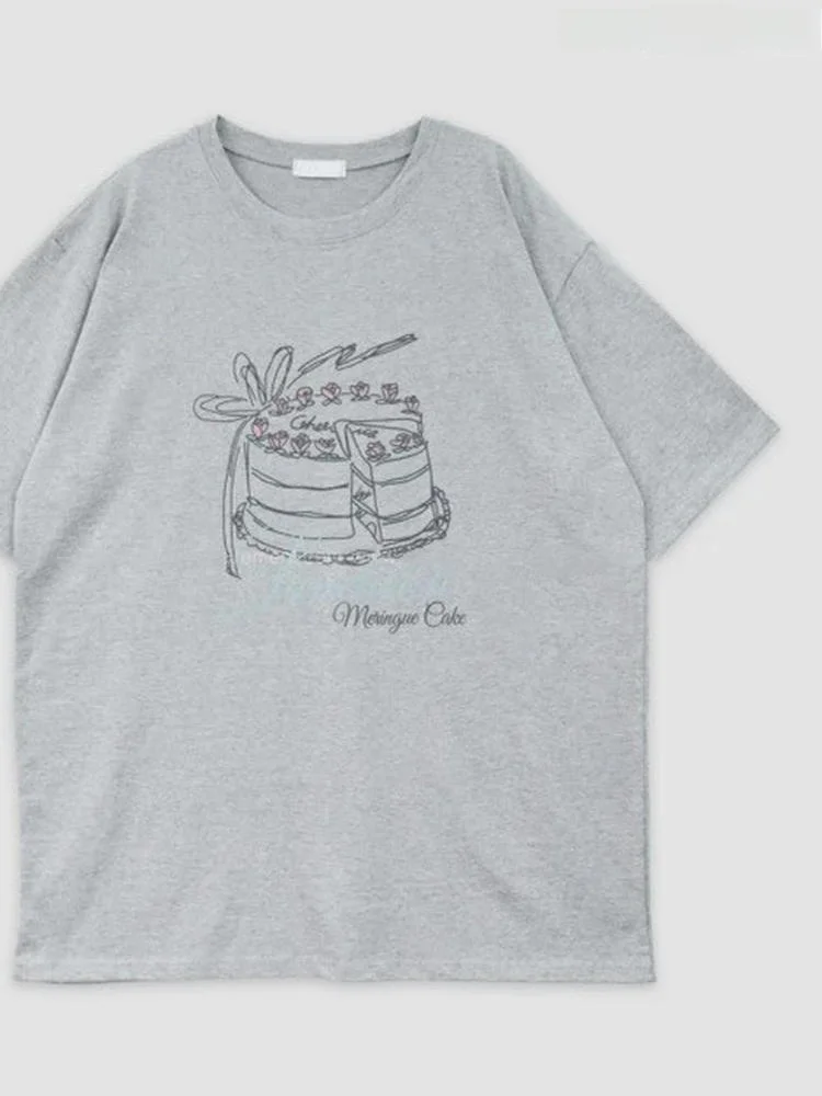 Mignon gâteau sucré imprimé ort Sve T-irt Dongdaemun décontracté polyvalent Fre jeune haut rond Ne coupe ample vêtements d'été