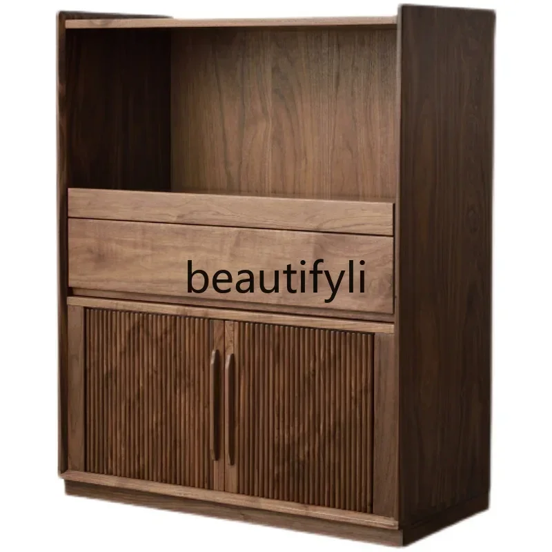 32Nordic black walnut rolling shutter sliding door dining side cabinet household storage cabinet living room locker
