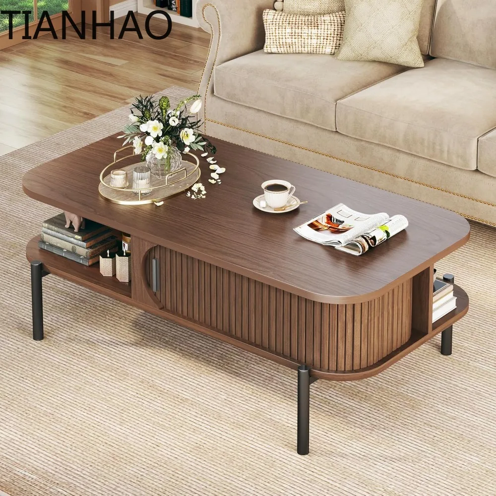 Coffee Table, 39.4 Mid Century Modern Coffee Tables for Living Room, Coffee Table with Storage Open Shelf, Fluted Table