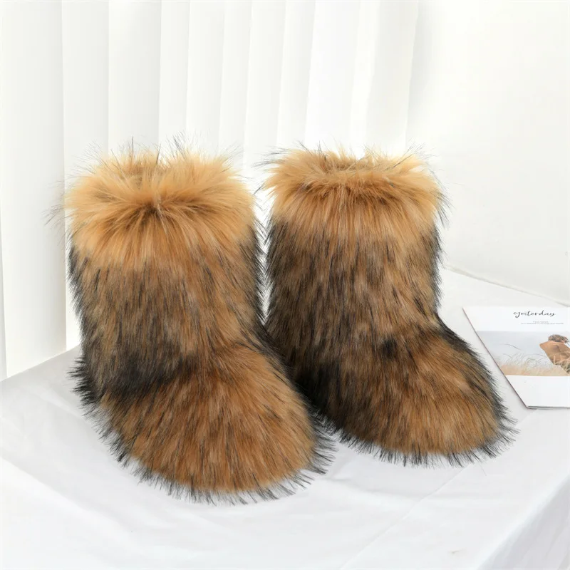 

American Flat Heeled High Top Fur Boots for Warmth Preservation In Winter, Deep Cut Round Head Mid Barrel Fox Fur Snow Boots