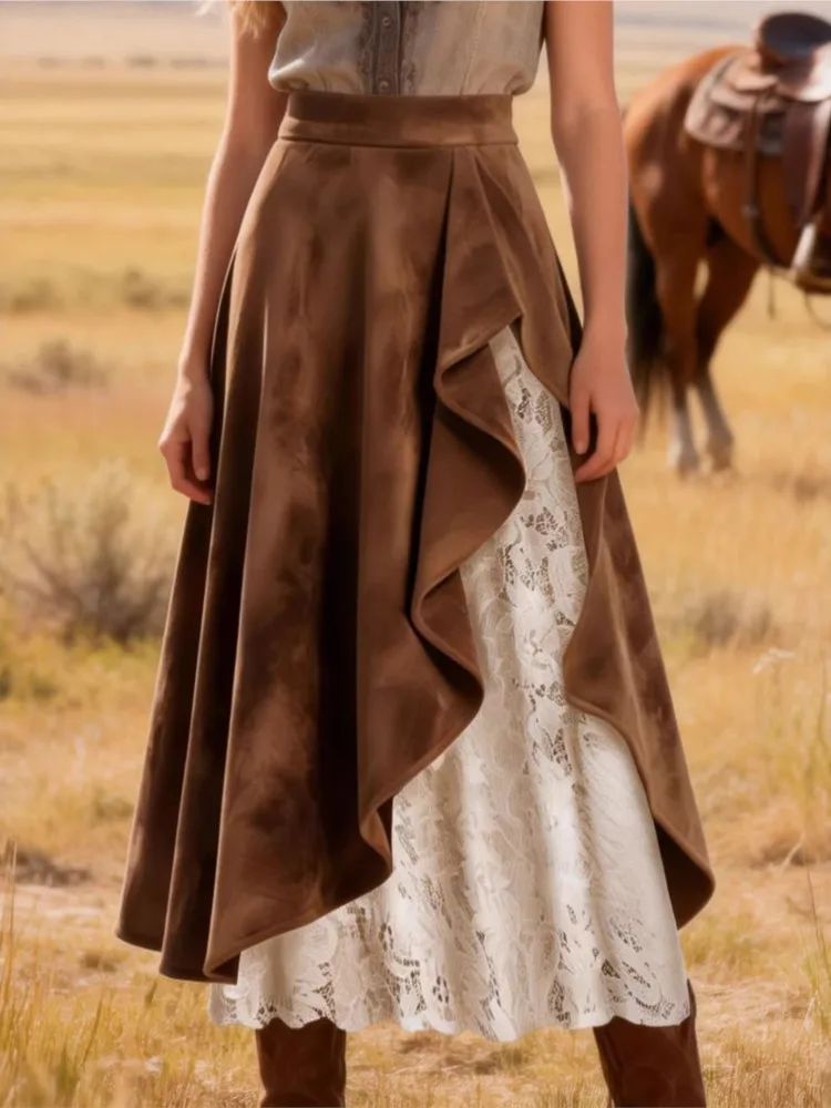 

Camel Brown Suede & Lace Maxi Skirt Western Vintage Women 2026 Spring New Asymmetrical Ruffled High Waist A-Line Elegant Skirt