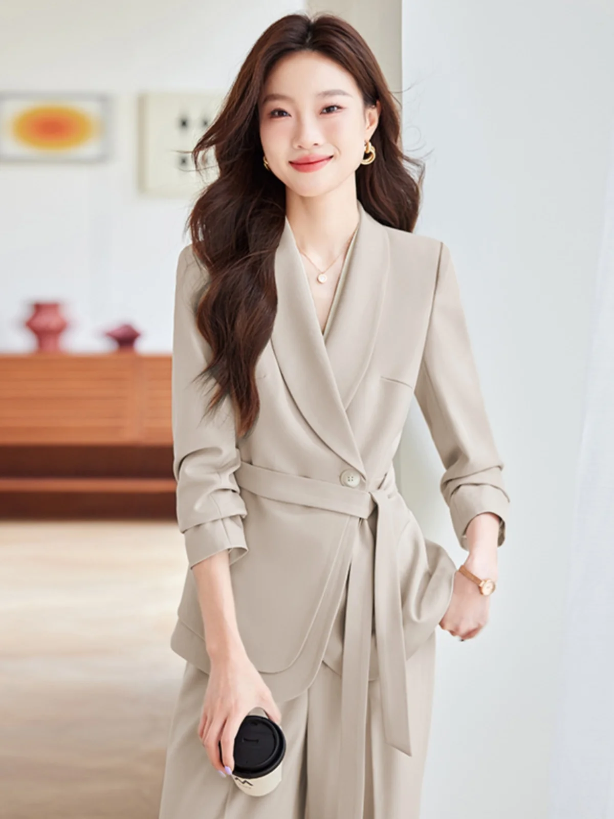 

Casual Tailored Suit Set for Women Autumn New Style Elegant Goddess Style Belted Waistcoat Long Sleeve Professional Outfit