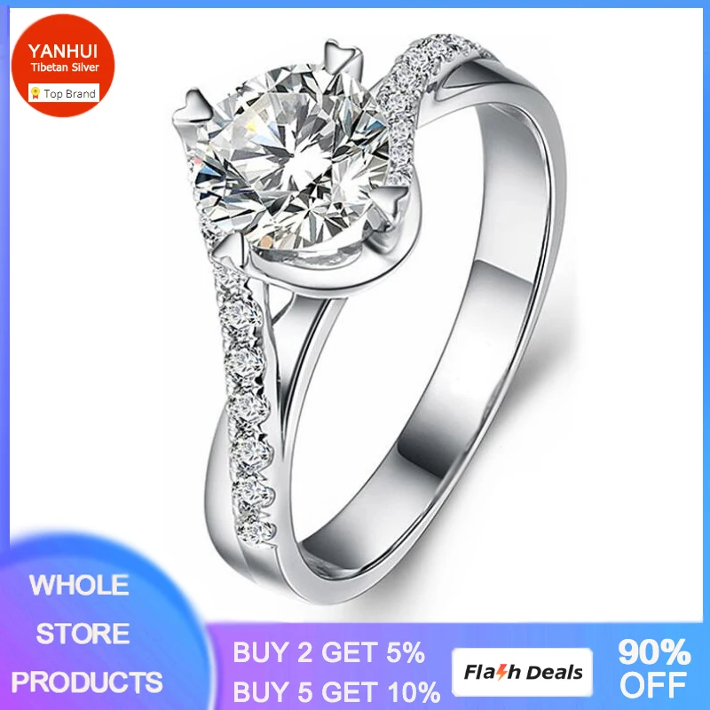 Original Certified Tibetan Silver Ring Luxury Round Clear Cubic Zircon Engagement Rings for Women Wedding Band Gift Jewelry R071