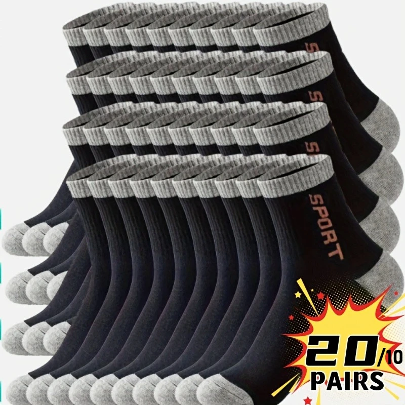 20 Pairs Men's Breathable Sports Socks - Moisture-Wicking All-Season Running & Casual Socks，Black/Red Minimalist Design