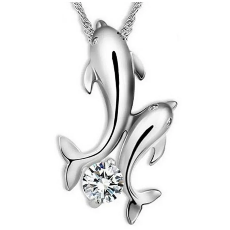 1 Piece Women Cute Animal Double Dolphin Crystal Short Chain Pendant Necklace Fashion Jewelry Rhinestone Chain Necklaces