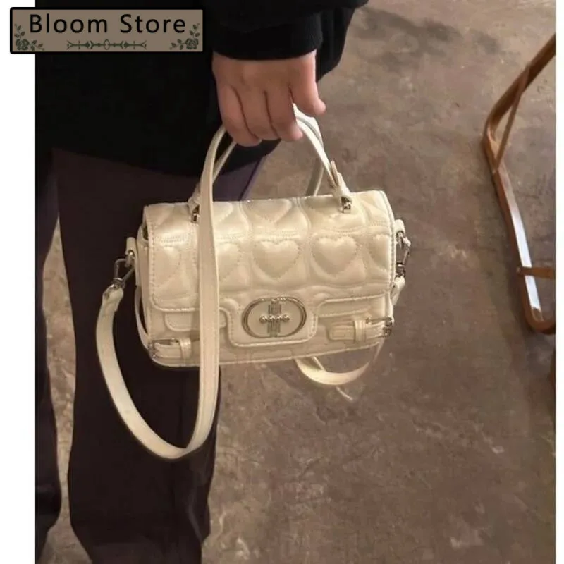 

Bloom Love Dia Pattern White Purse Women Retro Leather Handle Y2k Hand Bag Female Vintage Shoulder Crossbody Bags