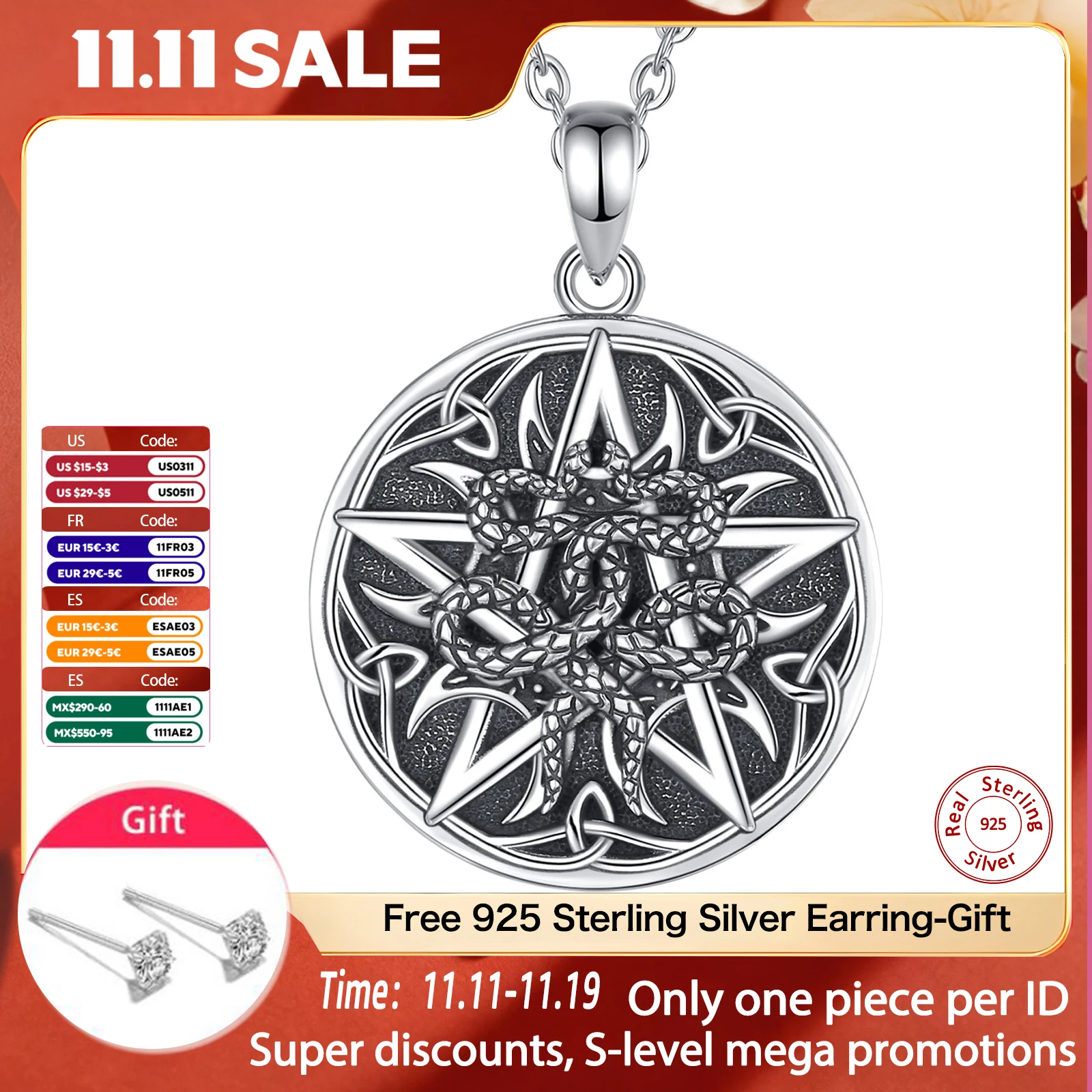 

Eudora 925 Sterling Silver Pentagram Snake Necklace Crescent Moon Celtic knot Pendant Wicca Pagan Jewelry Spiritual Gift for Men