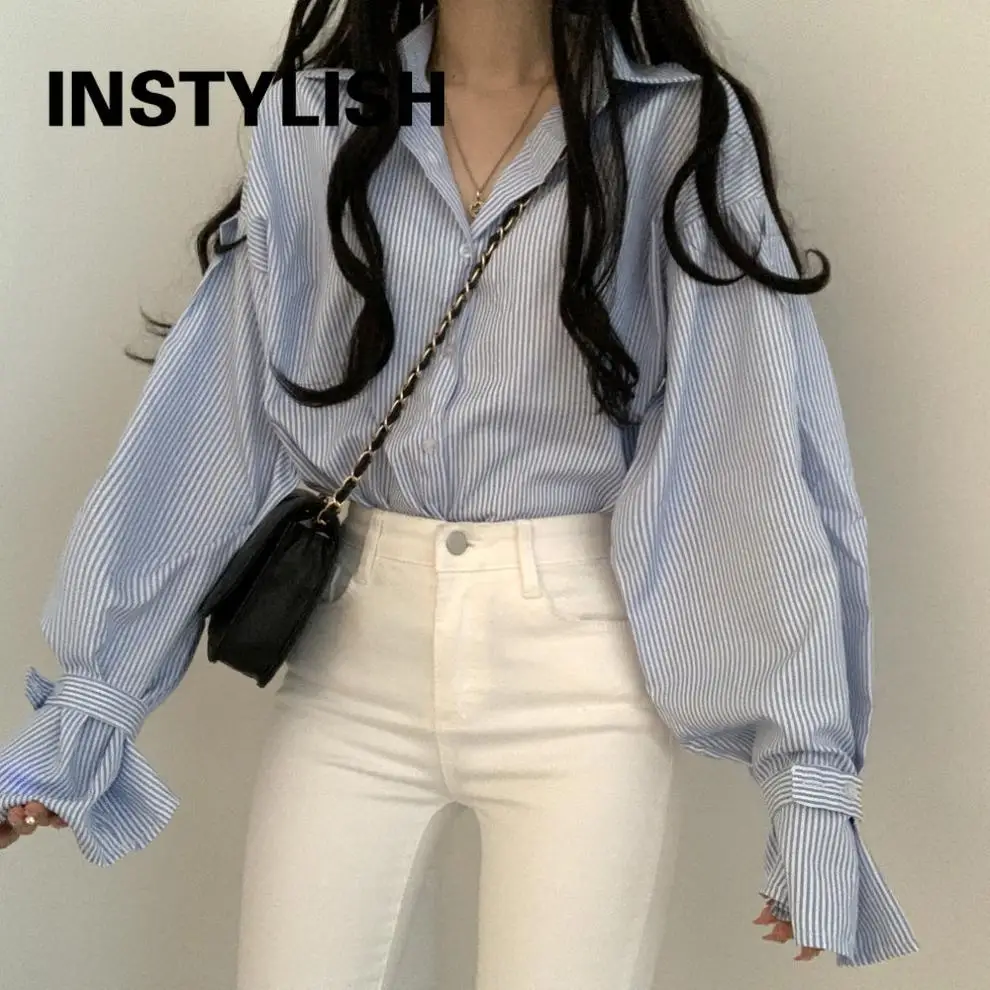 Elegant Striped Oversized Blouse Fashion Korean Puff Long Sleeve Loose Shirt Women Boyfriend Harajuku Tops Casual Chic Tunics