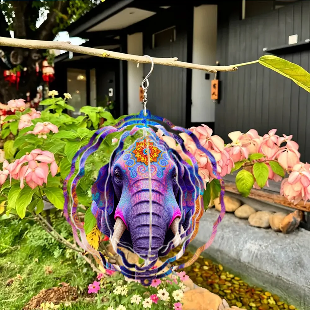 3D 1pc Colorful Swirling Elephant Print Wind Chime, Psychedelic Pop Style, Metal 3D Rotating Wind Chime, with 360° Rotating Hook