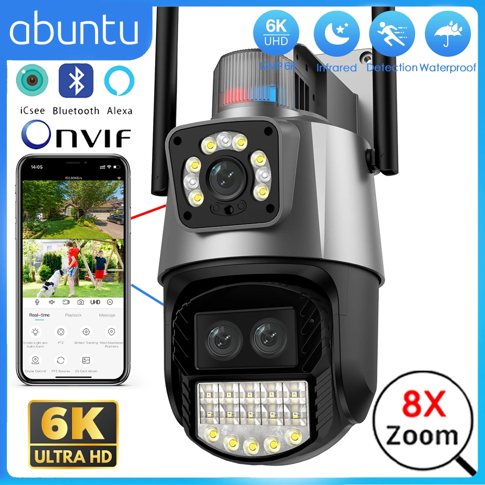 

12MP 6K Wifi Camera Dual Screens 8X Digital Zoom CCTV IP Camera Human Detect Police Light 8MP 4K Surveillance Camera Home ICSEE