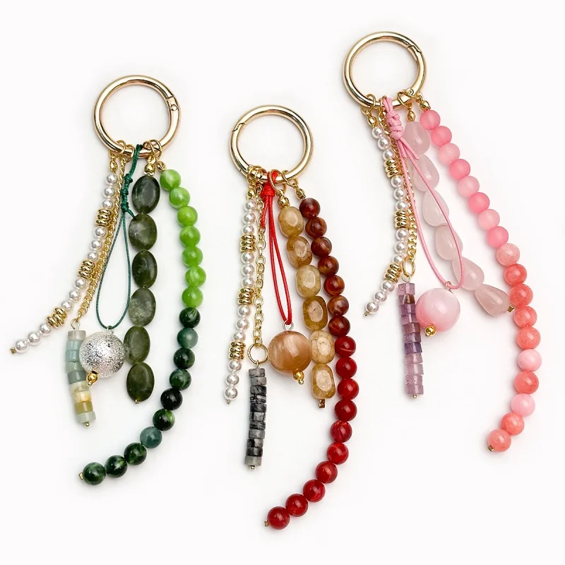 Cute Keychain Bag Charm Phone Charm with Natural Jade Agate Luxury Bling Glitter Beaded,Cell Phone Lanyard for Bag Keychain