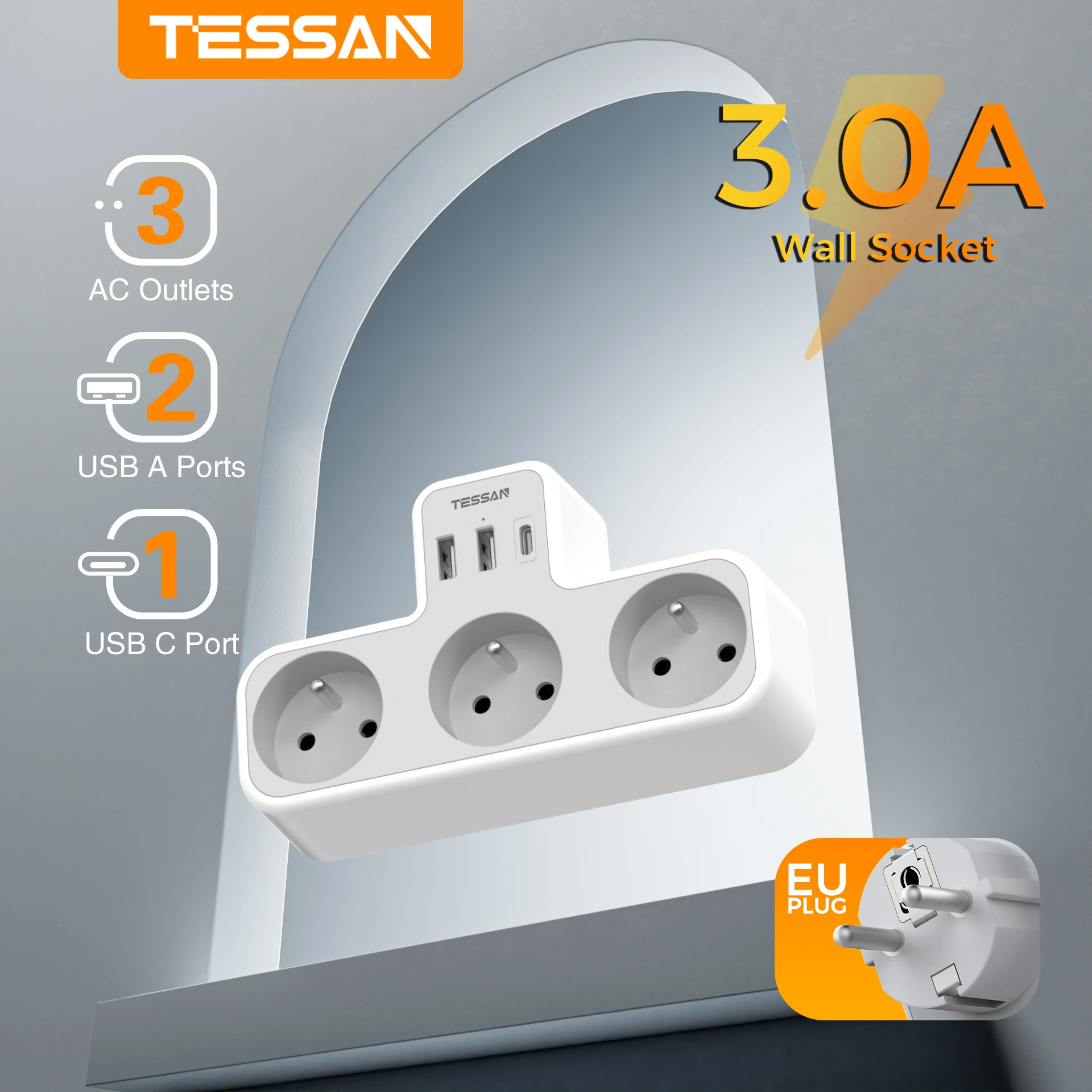 TESSAN-regleta de alimentación FR a EU con 3 USB (1 USB C) y 3 tomas francesas, adaptador de corriente múltiple con protección contra sobrecarga