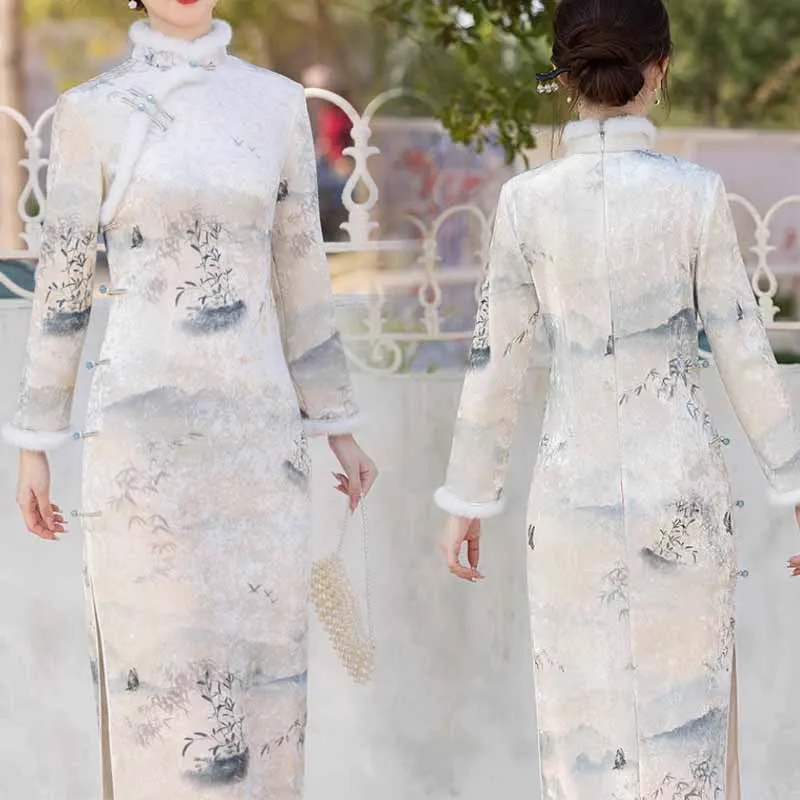 Sexy Exquisite Mandarin Collar Cheongsam Elegant Print Women Qipao Vintage Button Party Dress Long Sleeve Chinese Dress