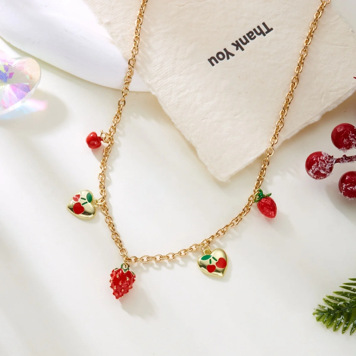 Reisperlen-Erdbeer-Anhänger-Halskette für Damen und Herren, süße, niedliche Kirsch-Herz-Schleifen-Quasten-Halskette, Y2K-Sommer-Modeschmuck – Detail 28