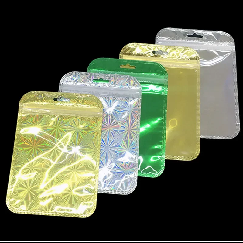 100pcs/lot Laser gold/silver aluminum foil bag self sealing plastic jewelry data line storage bags zip lock baggies package