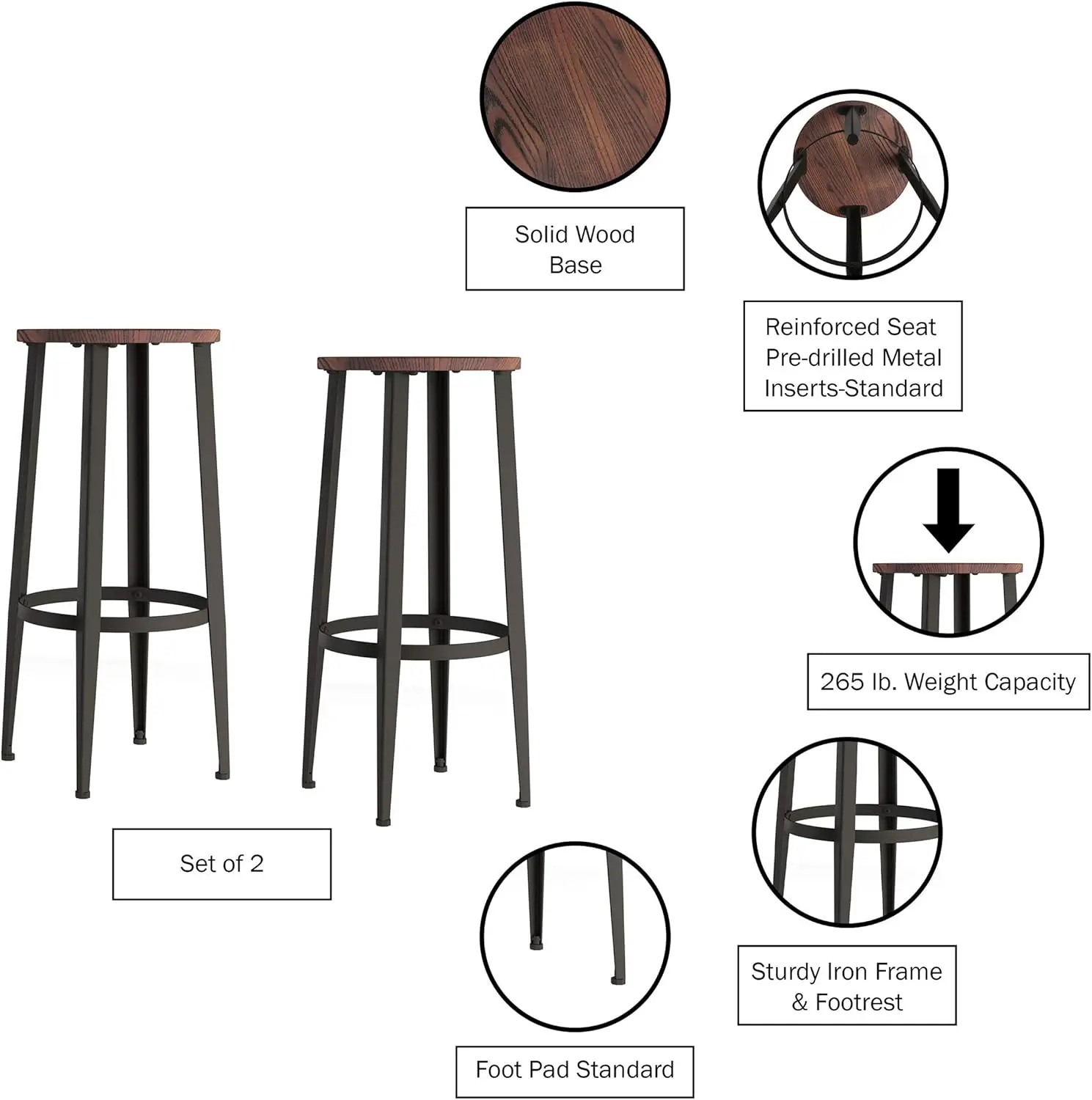 Bar Height Stools – Backless Barstool with Metal Base, Wood Seat – Seating for Kitchen or Dining Room