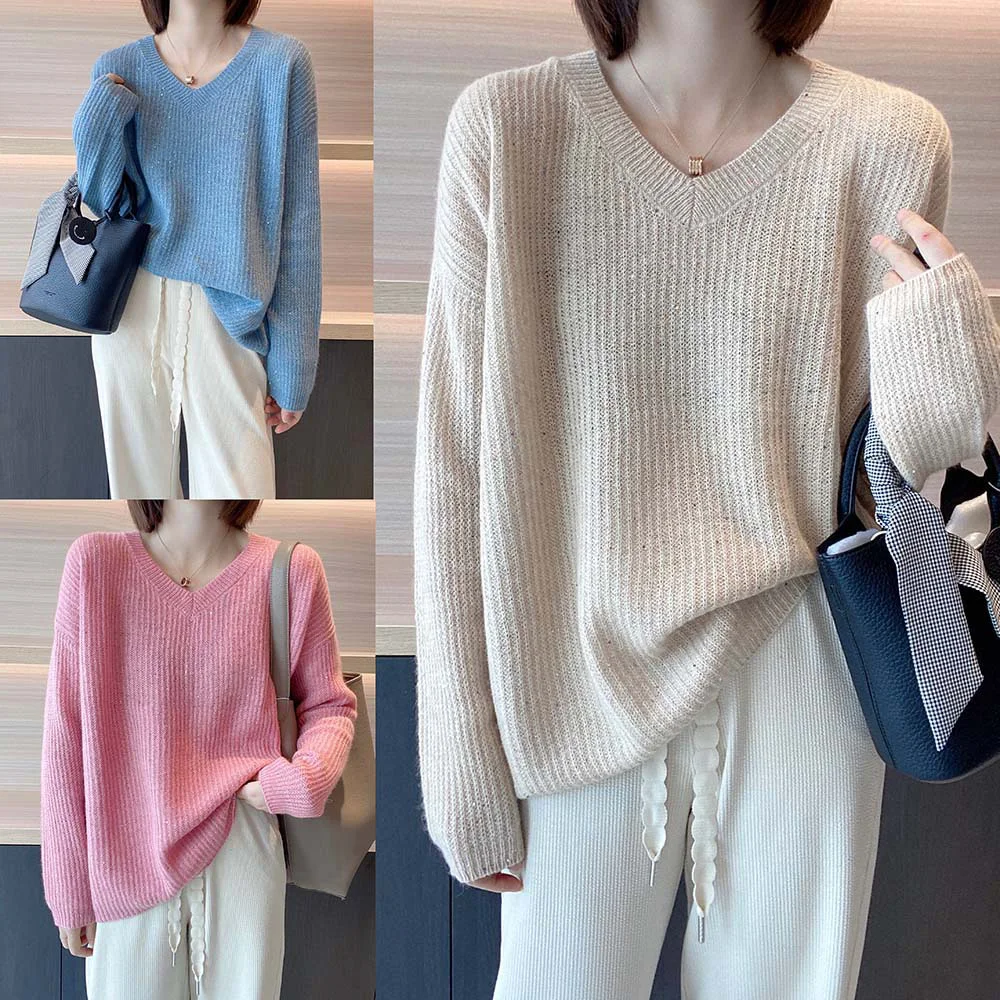 Fashionable Glitter V-Neck Sweater Women's Loose Oversize Pullover Base Shirt Autumn Winter Versatile Knitted Sweater