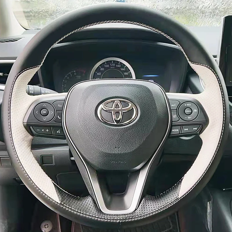 Hand Stitched Black white Genuine Leather Sports style Steering Wheel Cover For Toyota Avalon Camry Crown Corolla RAV4 2018-2022