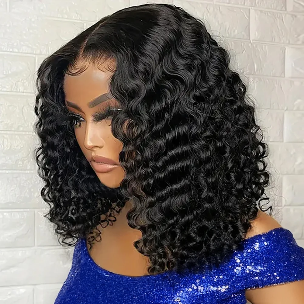 짧은 밥 가발 딥 웨이브 글루리스 인모 바로 착용 가능 250% 프리 플러킹 프리 컷 레이스 7x5 13x4 컬리 레이스 프론트 인모 블랙