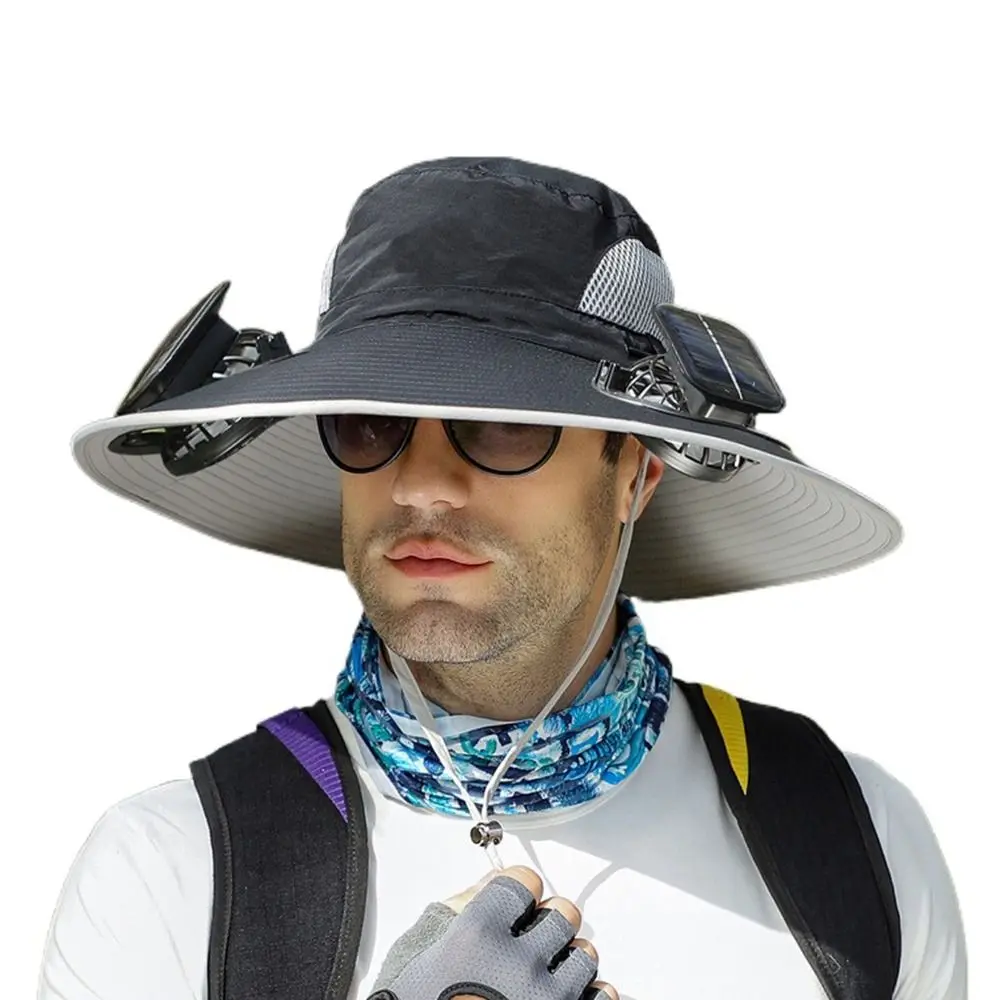 2 Solar Fan Sun Hat with Solar Fan Breathable USB Recharging Wide Brim Sun Hat Adjustable Waterproof Sun Bucket Hat Camping