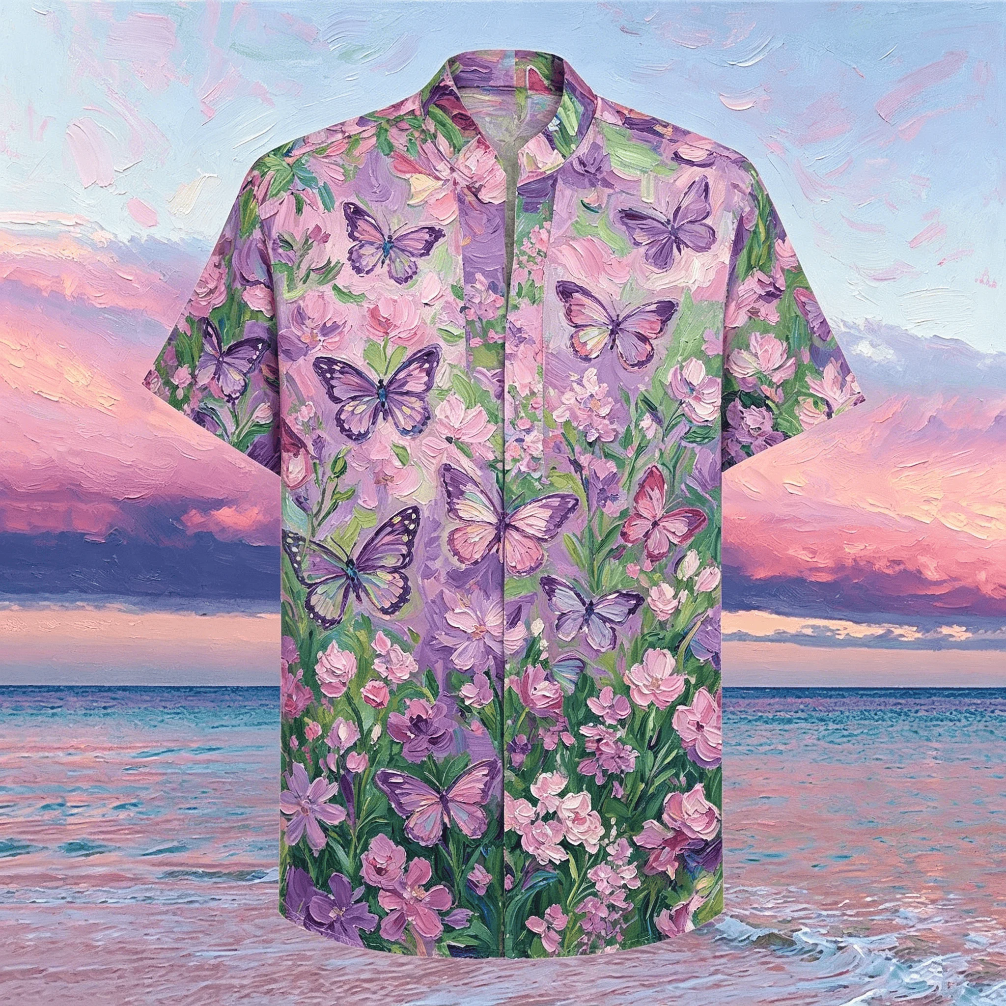 

Men's Floral Butterfly Oil Painting Print Short Sleeve Shirt, Romantic Garden Style, Casual Summer