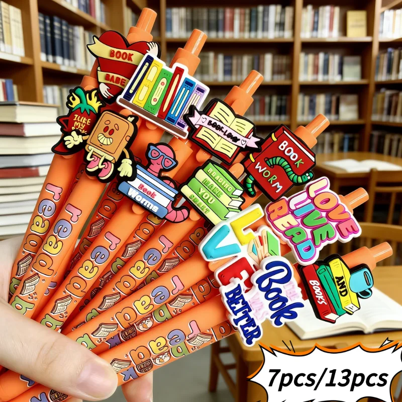 

7Pcs/13Pcs Creative Bookworm-Shaped Retractable Ballpoint Pen - Book Lover Themed Signature Pen