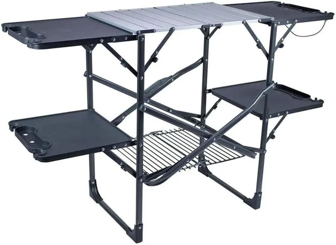 Slim Fold Portable Camping Kitchen Table With Heat Resistant Top Side Shelves Storage Rack Paper Towel Holder Cook Station For Picnic Outdoor Cooking Black