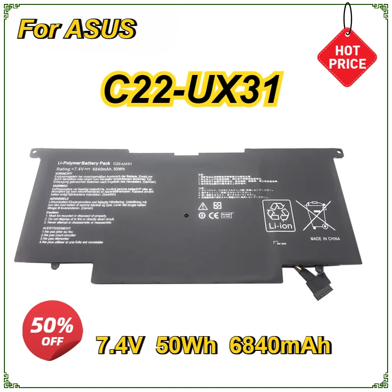 

New C22-UX31 Laptop Battery for ASUS Zenbook UX31A UX31 UX31E UX31E-DH72 C22-UX31 C23-UX31 7.4V 6840mAh 50Wh 4 Cells