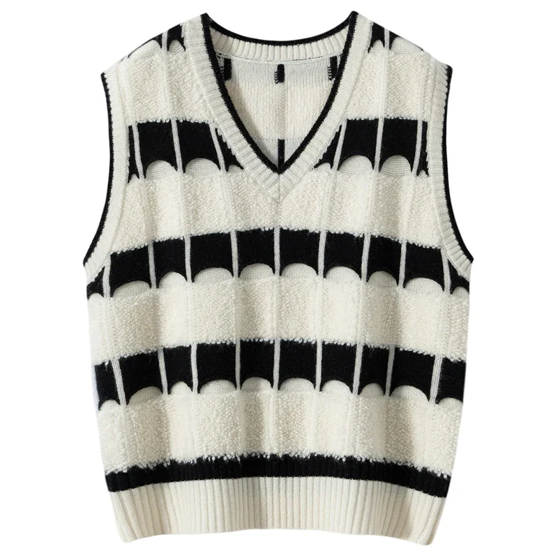 Chic Sweater Vest Autumn Winter Women's Sleeveless Waistcoat Pullover 100% Cashmere Vest Knit Warm V-Neck 3D Grid Towel Pattern