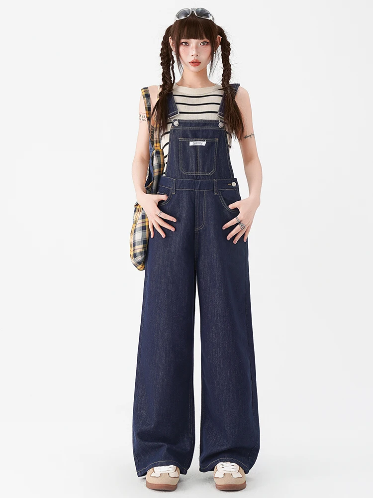 

Deep Blue Denim Overalls Women's High Waist Straight Leg Loose Fit Floor Length Pants Spring New Style Fashionable Slimming