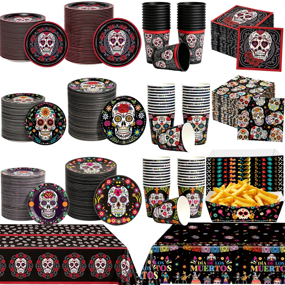 Day of the Dead Tableware Set Mexican Sugar Skull Pattern Disposable Plates Napkins Cups Tablecloth Halloween Party Supplies