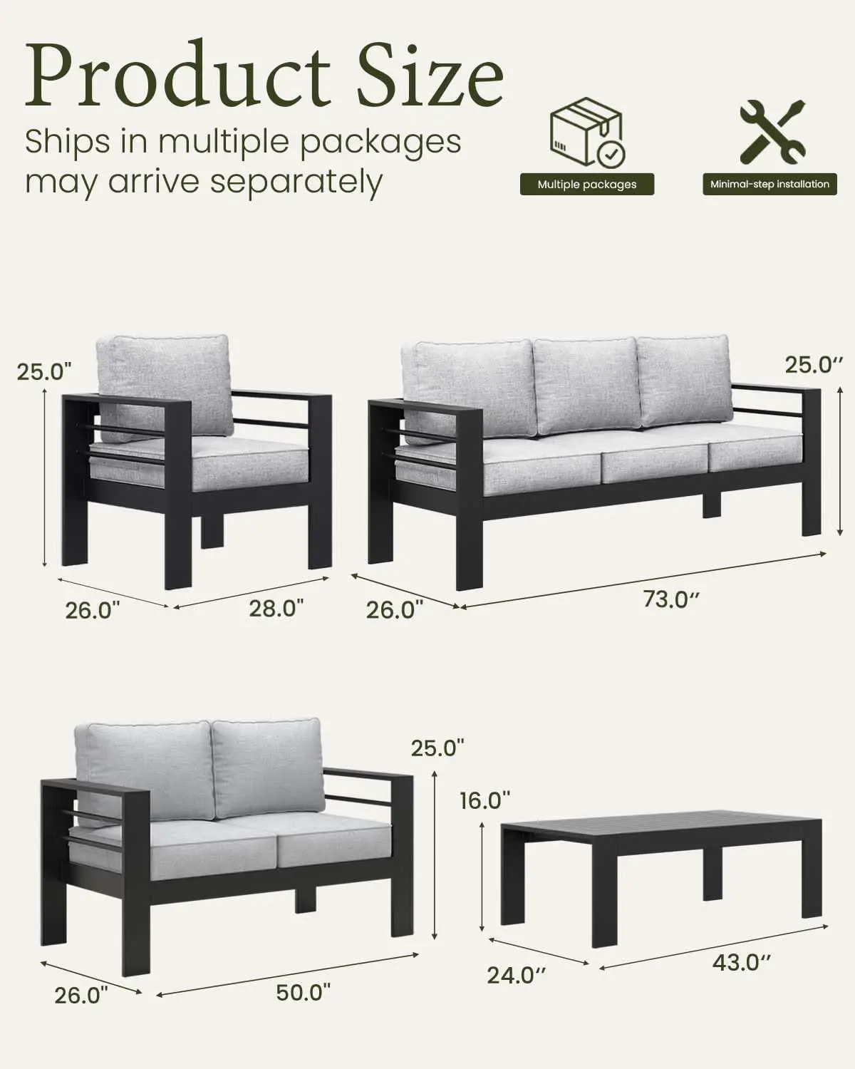 Outdoor Aluminum Furniture Set, 5 Pieces Patio Sectional Conversation Chat Sofa Modern Seating Set with Coffee Table
