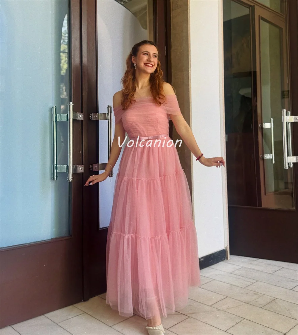 Customized Pastrol Casual Tulle Tiered Ruched Sash Bow Ball Gown Off-the-shoulder Ankle Length Dresses Bespoke Occasion Dresses
