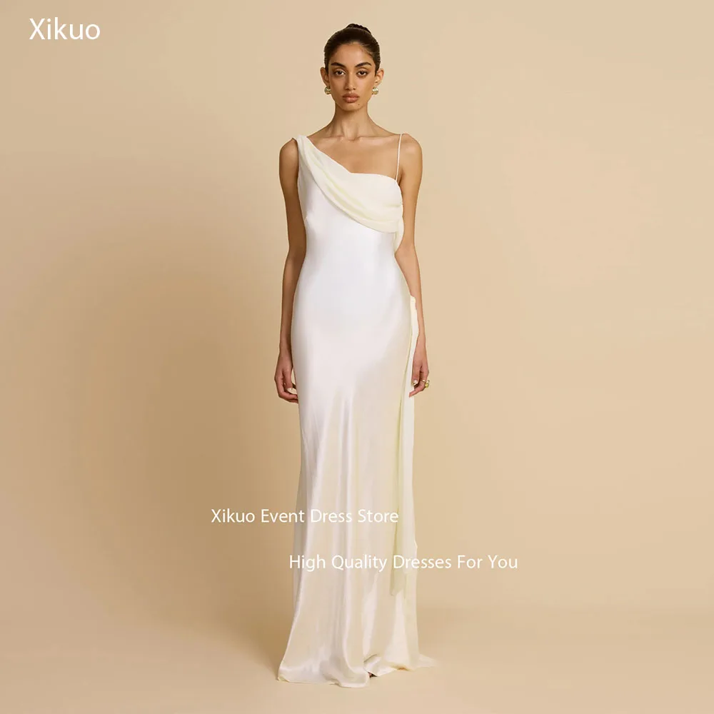 

Xikuo Satin Asymmetric Neckline Evening Gowns Backless Ruched Wedding Party Dress Draped Sleeveless Long Prom Dresses Customized