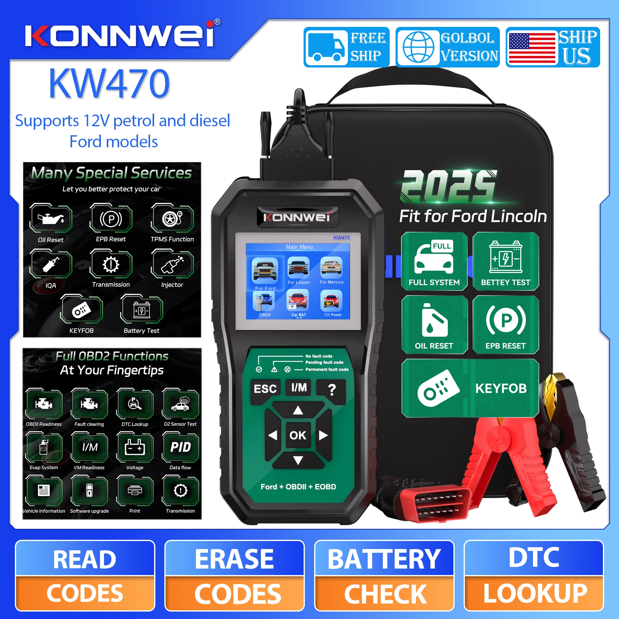 

KONNWEI KW470 Full System Diagnostic Scanner For Ford Lincoln Mercury OBD2 Scanner ABS SRS Oil Reset Car Diagnostic Tool