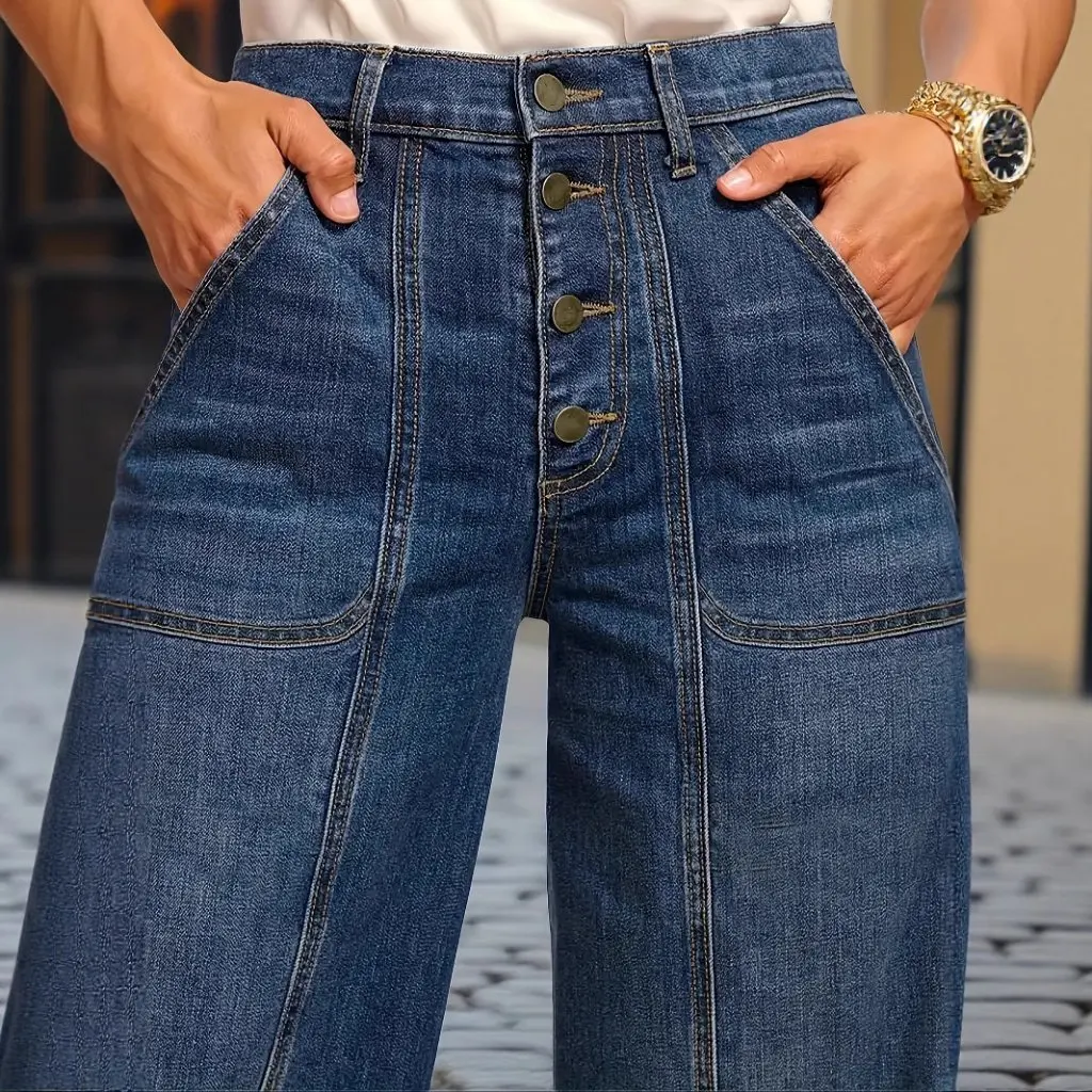 Pantaloni lunghi da donna in denim elastico a vita media con bottoni lavati vintage di grandi dimensioni