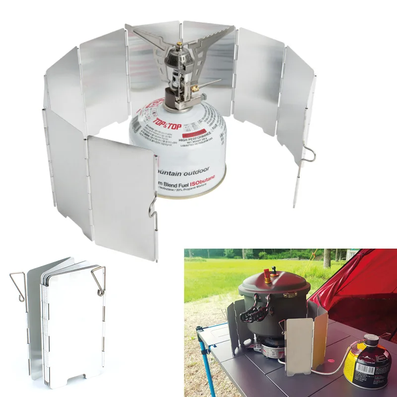 

9-piece Mini Camping Outdoor Aluminum Alloy Windproof Board Folding Portable Stove Head Stove Windproof Board Equipment