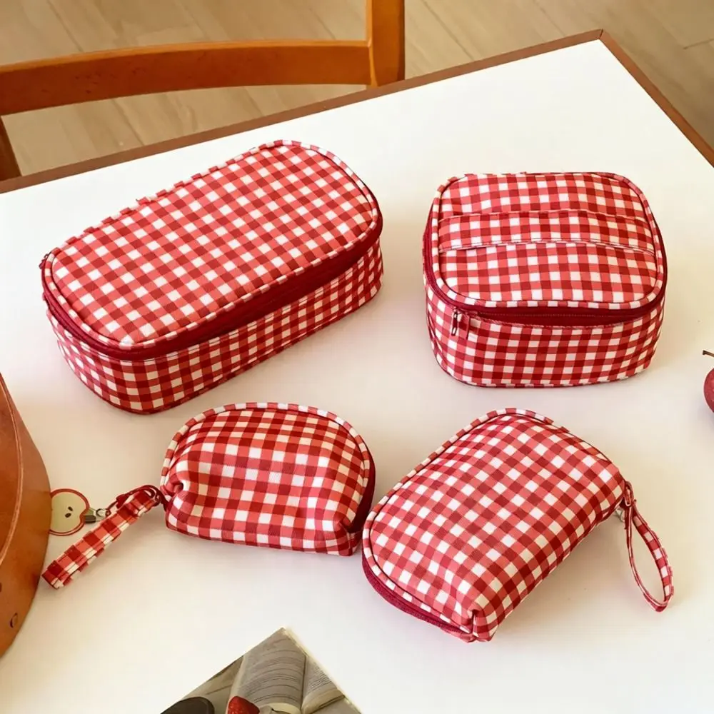 High Quality Red Grid Makeup Bag Multi-size Portable Toiletry Bag Cosmetic Pouch Women Cosmetic Bags & Cases