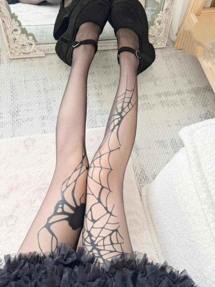Hot S Spider Web Print Stoings Tattoo Thin Bla Silk Panhose Halloween Cosplay Base Layer Strumpfhosen Damen Freizeithosen