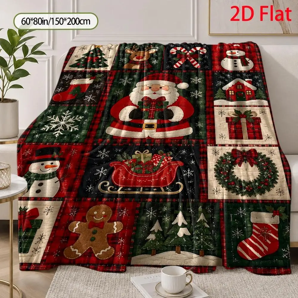 1pc 2D Flat Throw Blanket, Christmas Tree & Snowflake, Whimsical Santa, Red Green Festive Blanket