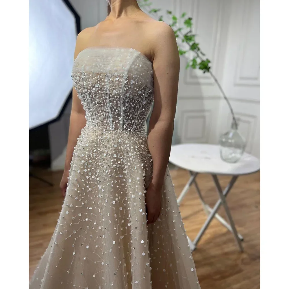 SILIWEYA Pearls Strpless Prom Dress Beige Beaded Elegant A Line Long Evening Dresses Gowns for Women Wedding Party 2024