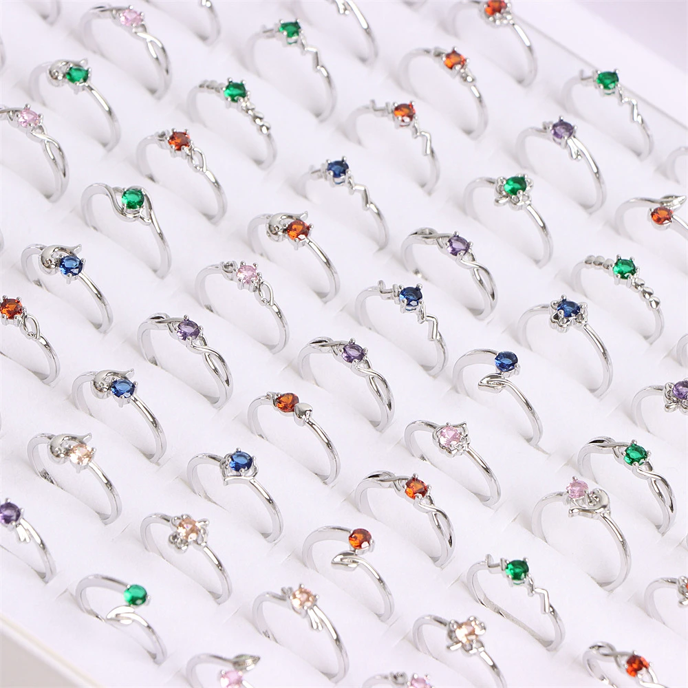 20Pcs/Lot Colorful Zircon Rhinestone Opening Women Rings Wedding Engaged Anniversary Valentine\'s Day Jewelry Accessories Gifts