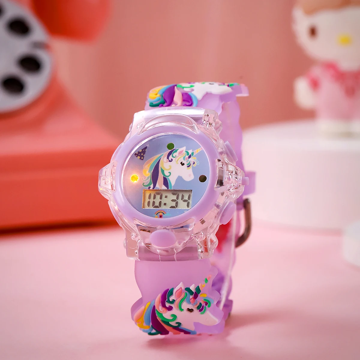 ساعة مضيئة بنمط الاحتفال الكرتوني على شكل وحيد القرن للأطفال، مناسبة للتصفيف اليومي وهدايا المهرجانات