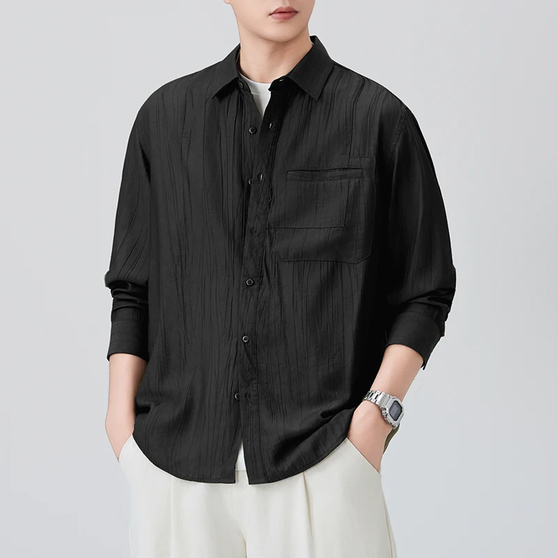 Men Pleated Fabric Soft Comfortable Fashion Long Sleeve Loose Casual Cargo Shirt Male Japan Streetwear Shirts Blouses