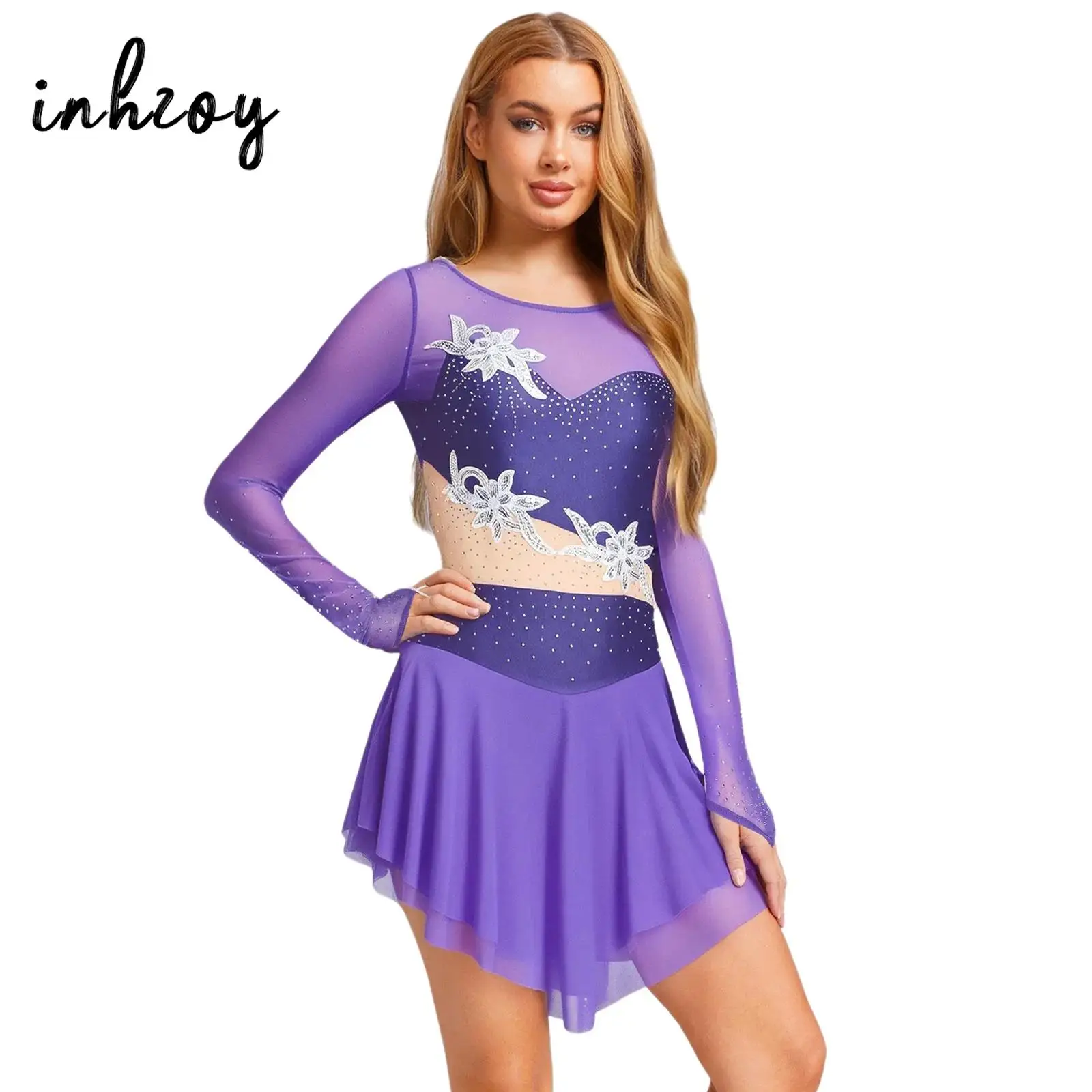 

Women Rhinestone Embroidery Figure Skating Dress Contrast Color Mesh Patchwork Long Sleeve Irregular Hem Leotard for Performance
