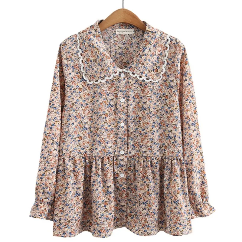 2023 Autumn Clothes Women Shirt Plus Size Loose Sweet Fashion Peter Pan Collar Floral Casual Long Sleeve Blouses Curve