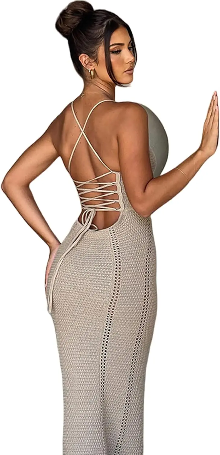 Women's Crochet Knitted Halter Maxi Dress Sexy Hollow Out V-Neck Lace Up Backless Bodycon Beach Holiday Long Dress Hot dress