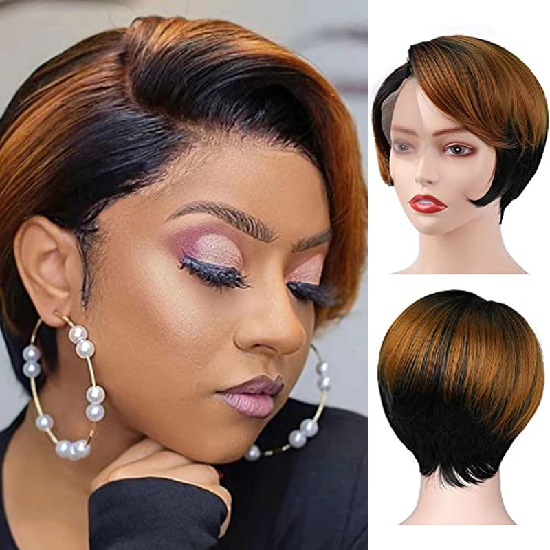 Perruques Synthétiques Courtes Coupe Pixie pour Femmes Noires, Cheveux Lisses, Ombre, Or, Blond, Bob 03Utilisation