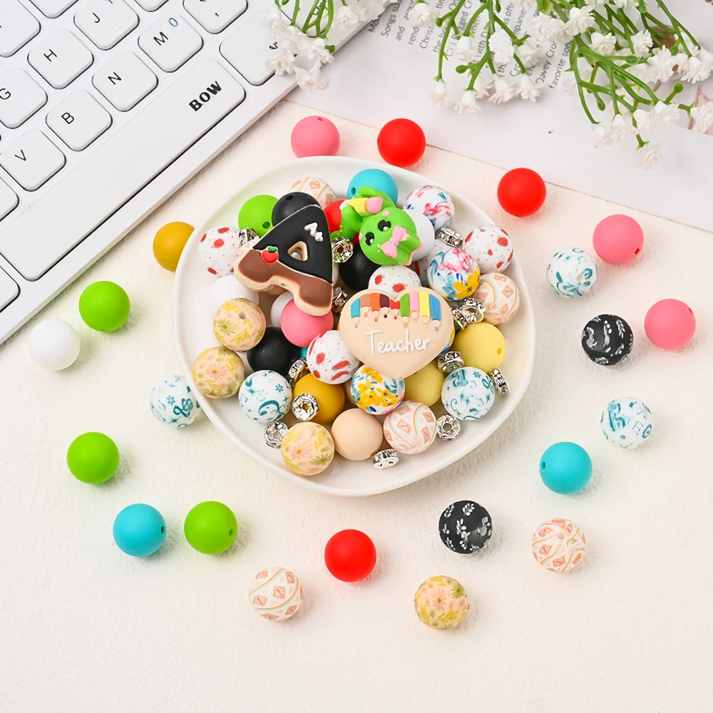 15Pcs Teachers' Day Series Silicone Beads Solid Color Printing Round Beads For DIY Pacifiers Clip Keychain Pen Accessories
